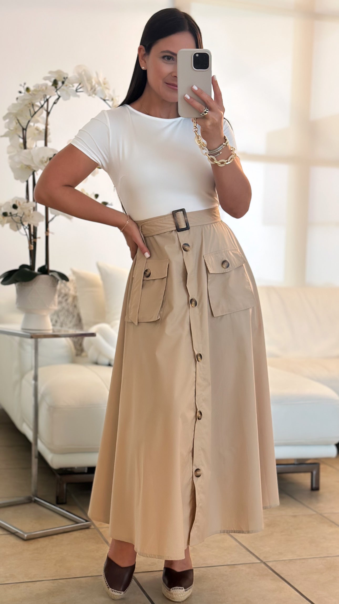 KHAKI BELTED DRESS