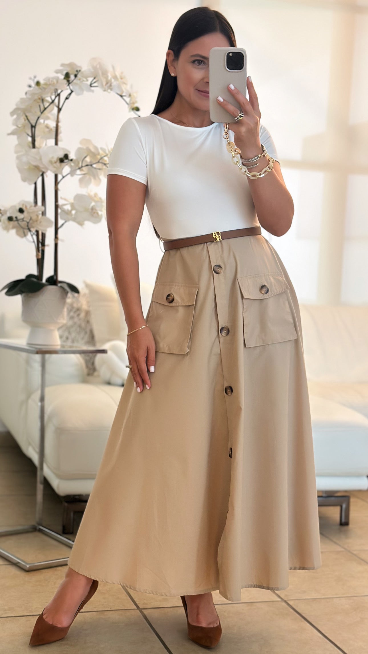KHAKI BELTED DRESS